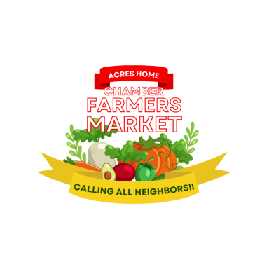 Colorful logo for Acres Home Farmers Market with vegetables and "Calling All Neighbors!" banner.