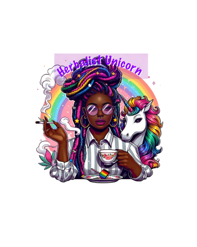 A woman with colorful hair, holding a cup, and a unicorn beside her, with a rainbow backdrop.