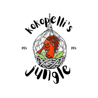 Illustration of a Kokopelli character in a birdcage with "Kokopelli's Jungle" text.